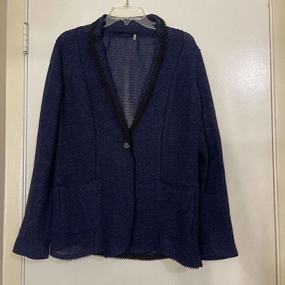 ELIE TAHARI blue knit crochet cardigan blazer sweater size US 8 - Picture 1 of 6